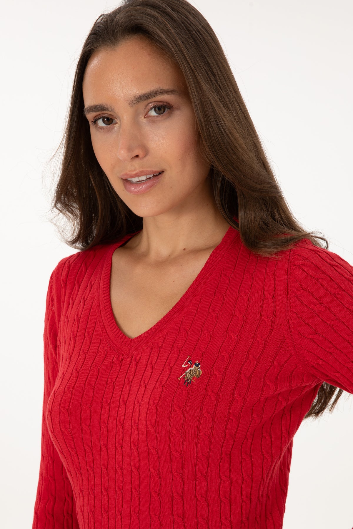 Pulover Dama Pe Rosu Cu Guler In V Si Textura Cable