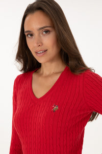 Pulover Dama Pe Rosu Cu Guler In V Si Textura Cable