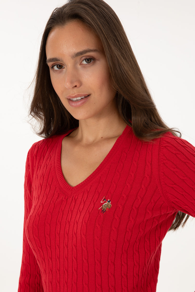 Pulover Dama Pe Rosu Cu Guler In V Si Textura Cable