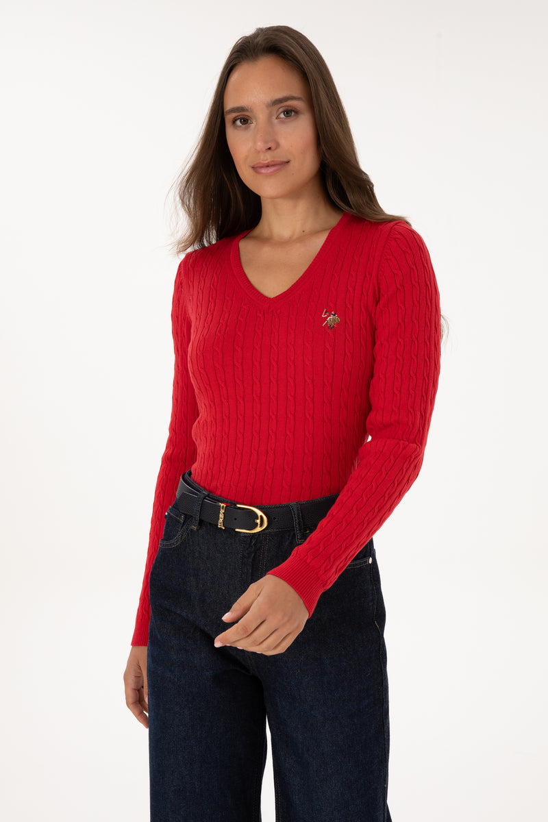 Pulover Dama Pe Rosu Cu Guler In V Si Textura Cable