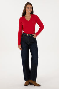 Pulover Dama Pe Rosu Cu Guler In V Si Textura Cable