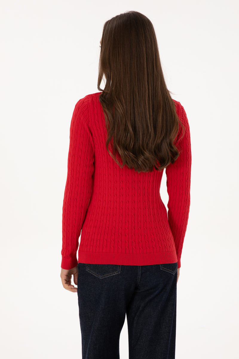 Pulover Dama Pe Rosu Cu Guler In V Si Textura Cable