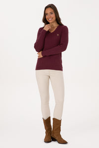 Pulover Dama Pe Bordo Cu Guler In V Si Textura Cable