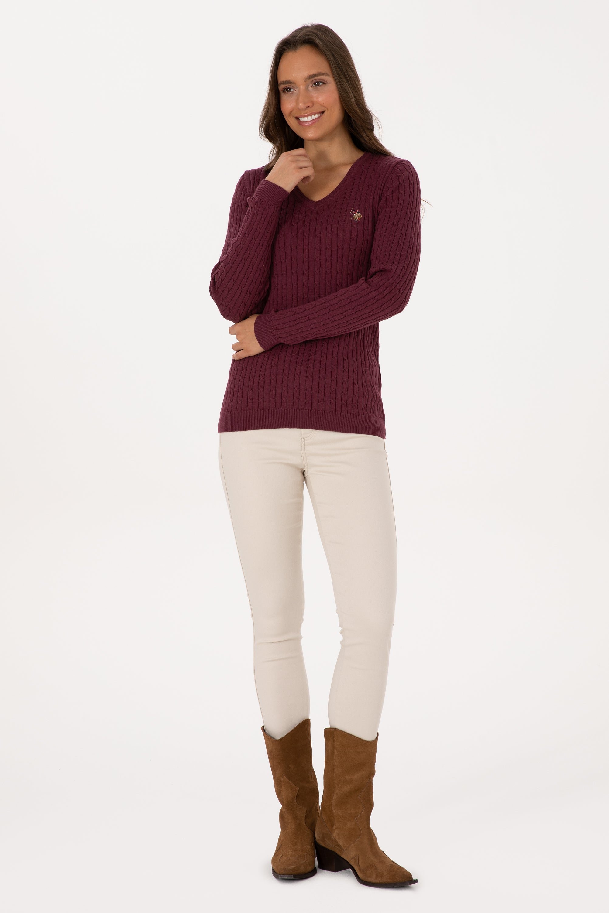 Pulover Dama Pe Bordo Cu Guler In V Si Textura Cable