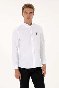 Camasa Barbat Pe Alb Cu Textura Fina Si Logo Brodat