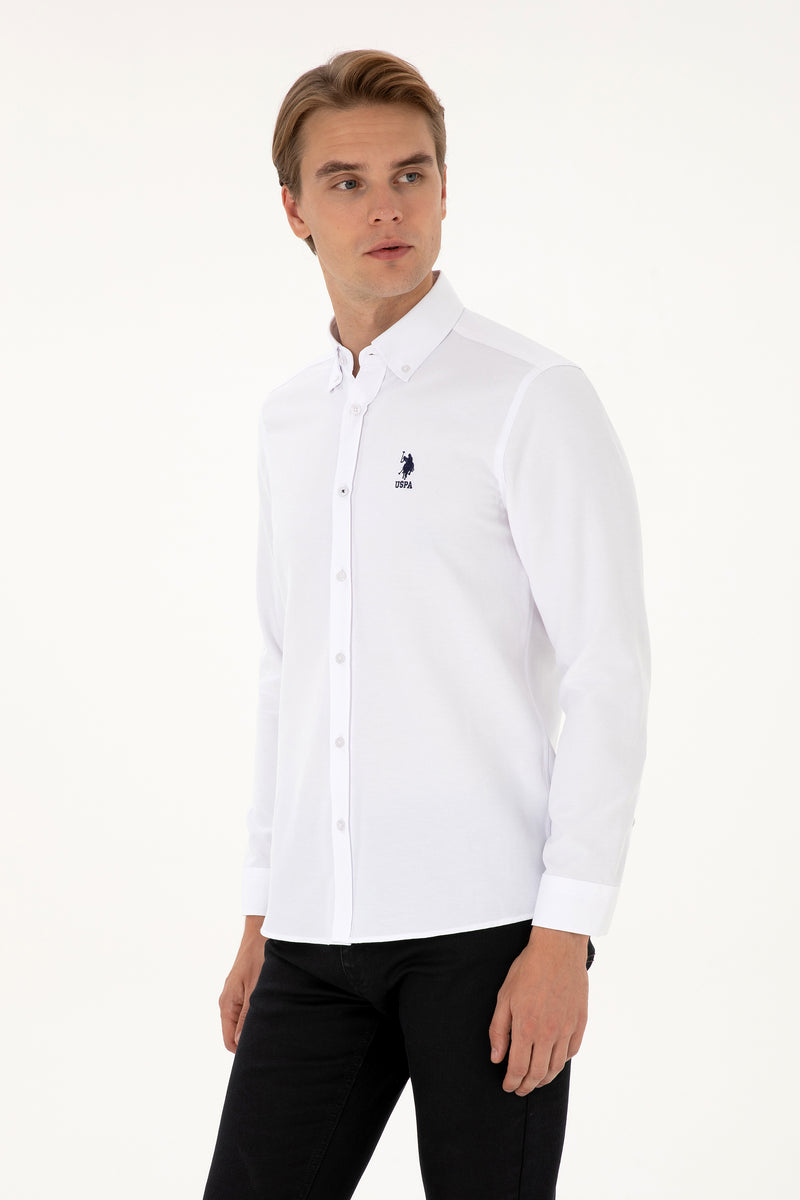 Camasa Barbat Pe Alb Cu Textura Fina Si Logo Brodat