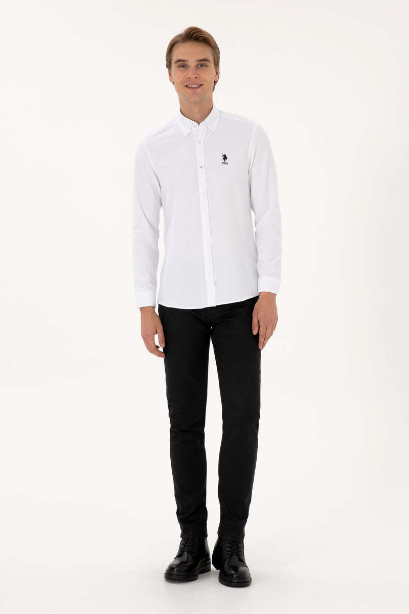 Camasa Barbat Pe Alb Cu Textura Fina Si Logo Brodat