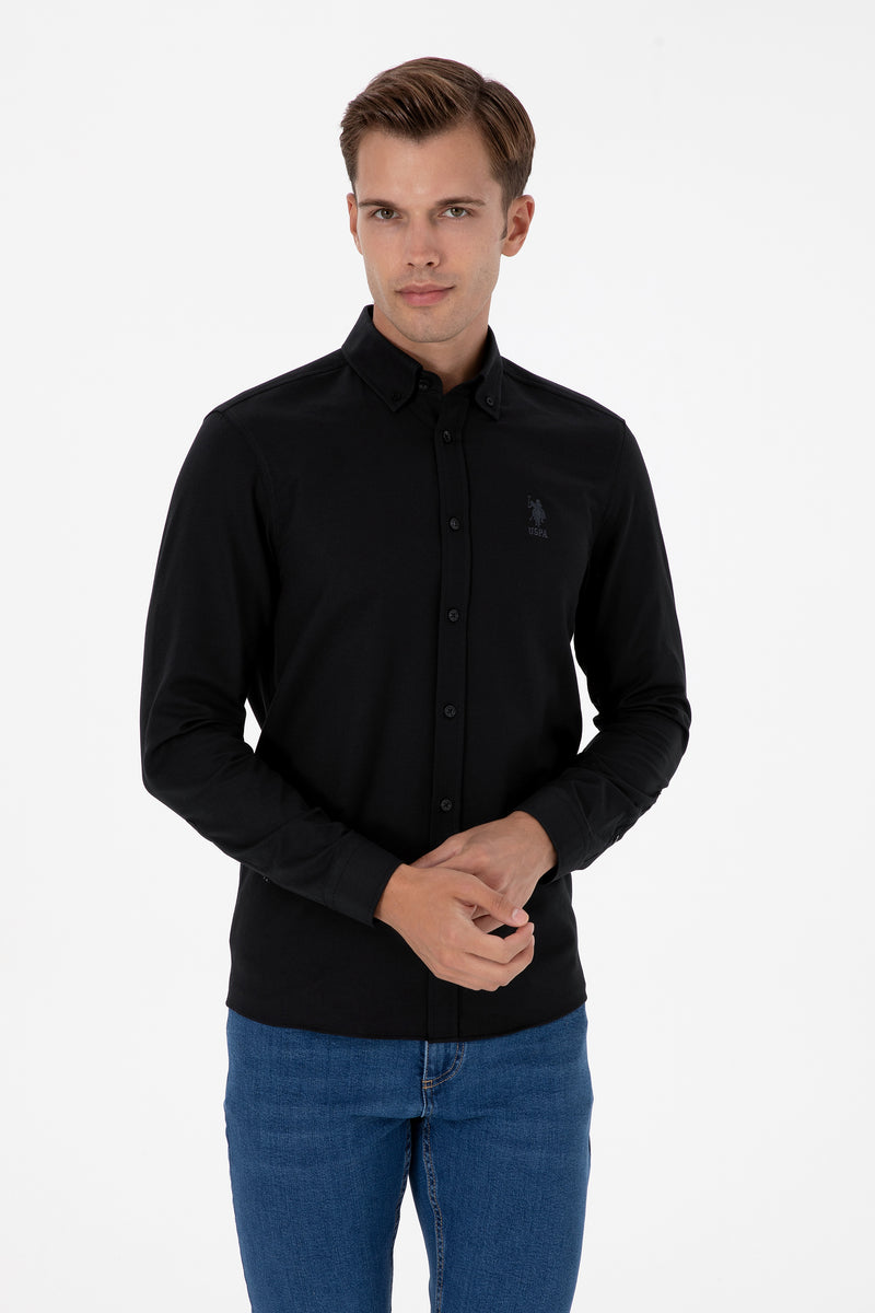 Camasa Barbat Pe Negru Cu Textura Fina Si Logo Brodat