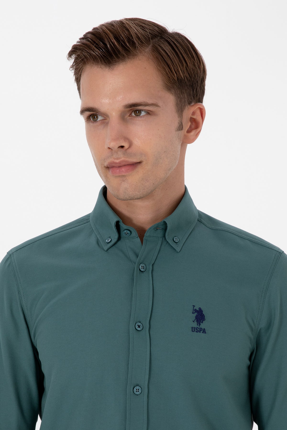 Camasa Barbat Pe Verde Hooker Cu Textura Fina Si Logo Brodat