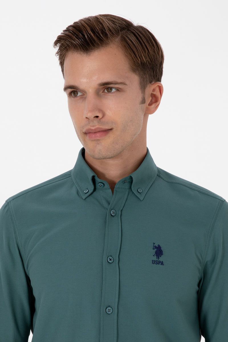 Camasa Barbat Pe Verde Hooker Cu Textura Fina Si Logo Brodat