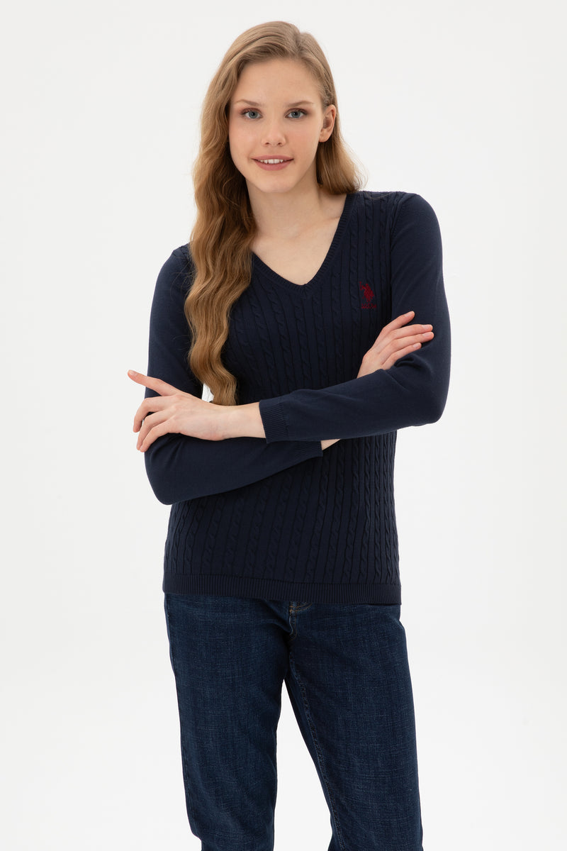 Pulover Dama Pe Bleumarin Cu Guler In V Si Textura Cable