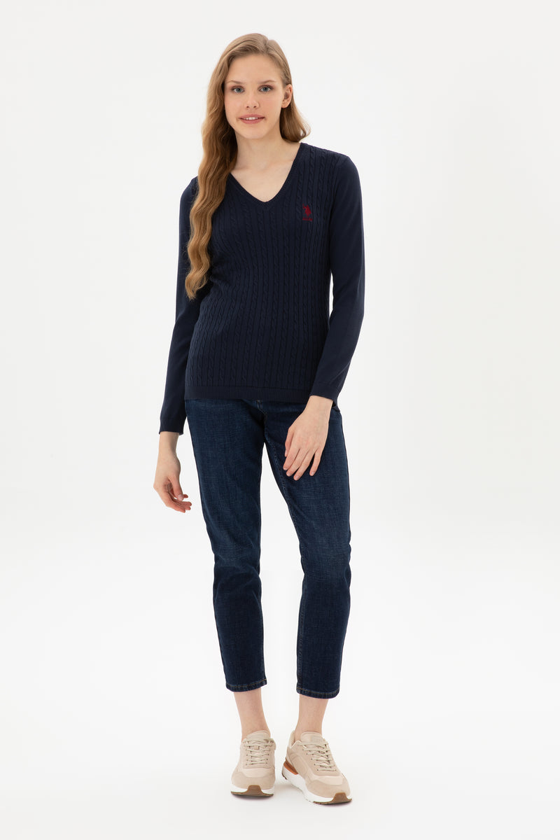 Pulover Dama Pe Bleumarin Cu Guler In V Si Textura Cable