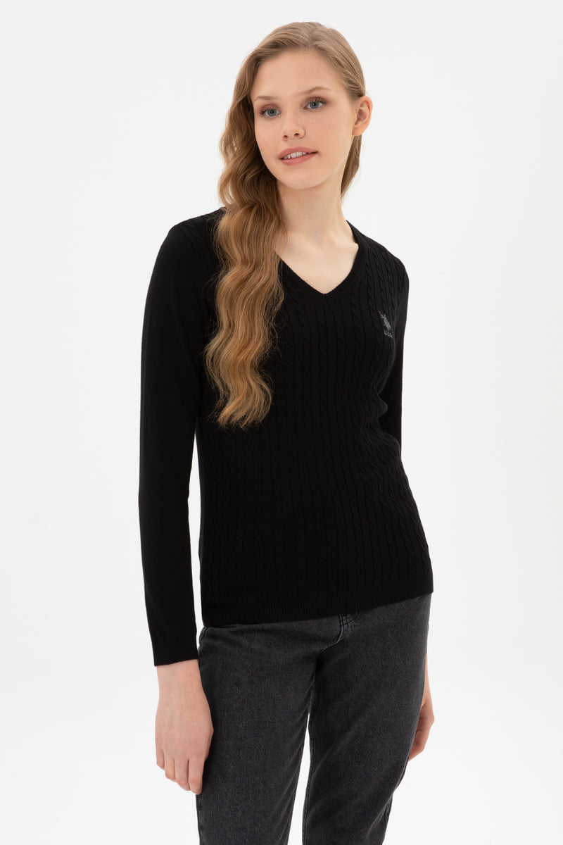 Pulover Dama Pe Negru Cu Guler In V Si Textura Cable