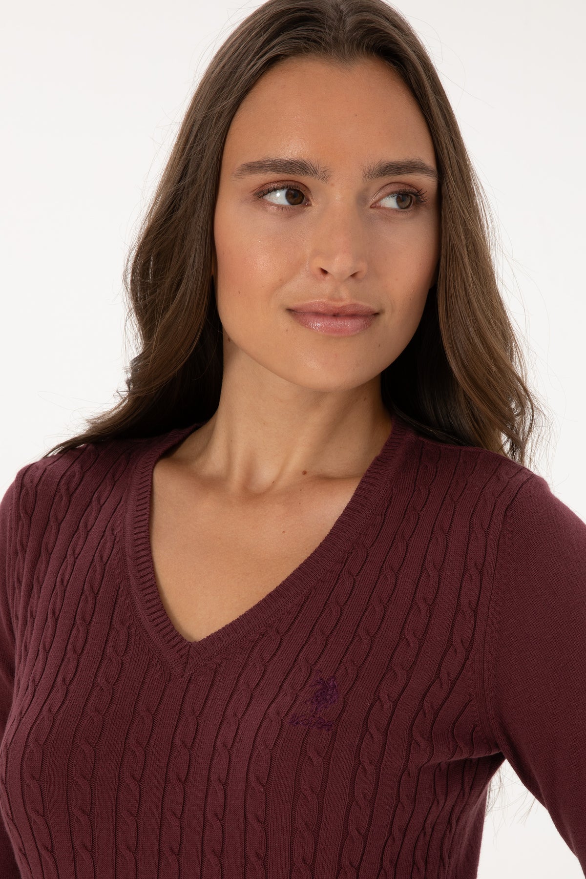 Pulover Dama Pe Bordo Cu Guler In V Si Textura Cable