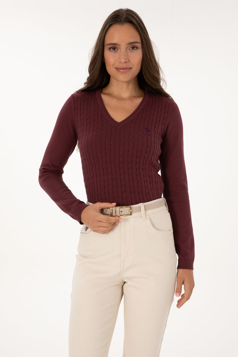 Pulover Dama Pe Bordo Cu Guler In V Si Textura Cable
