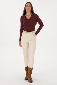 Pulover Dama Pe Bordo Cu Guler In V Si Textura Cable