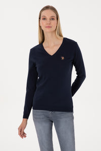 Pulover Dama Pe Bleumarin Cu Guler In V 