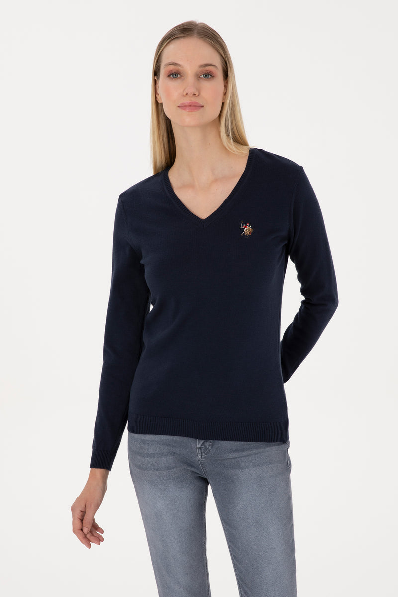 Pulover Dama Pe Bleumarin Cu Guler In V 