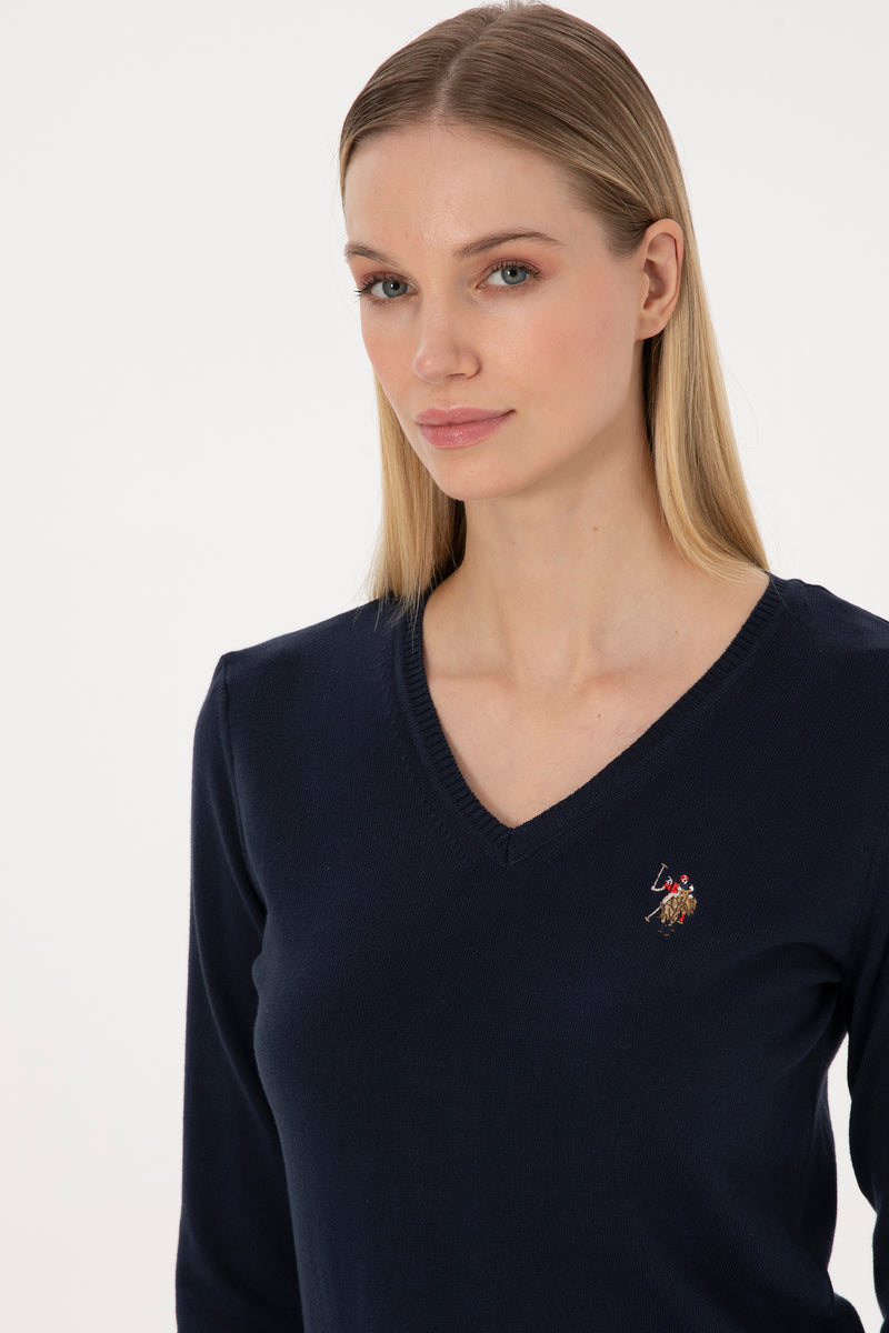 Pulover Dama Pe Bleumarin Cu Guler In V 