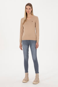 Pulover Dama Pe Crem Cu Guler In V 