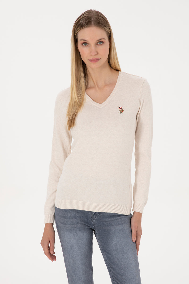 Pulover Dama Pe Bej Cu Guler In V 