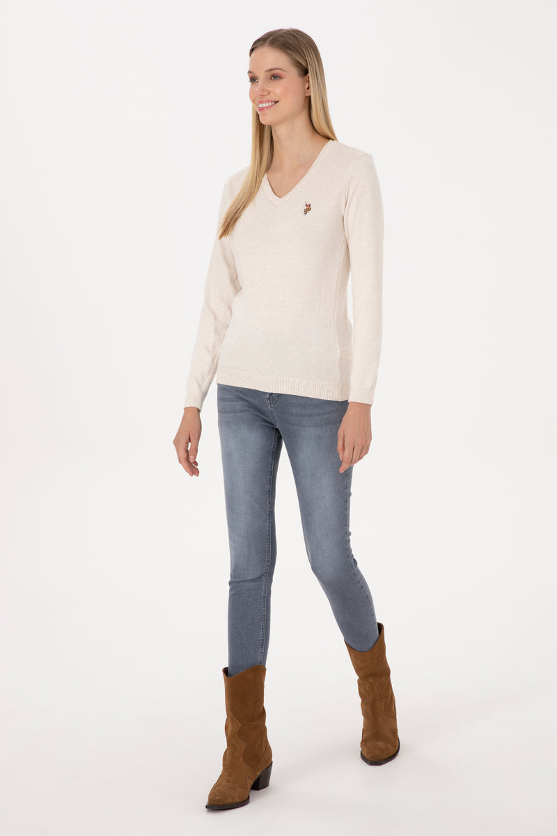 Pulover Dama Pe Bej Cu Guler In V 