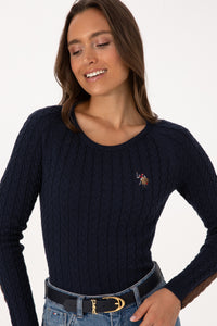 Pulover Dama Pe Bleumarin Cu Guler Rotund Si Textura 