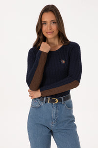 Pulover Dama Pe Bleumarin Cu Guler Rotund Si Textura 