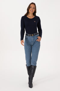 Pulover Dama Pe Bleumarin Cu Guler Rotund Si Textura 