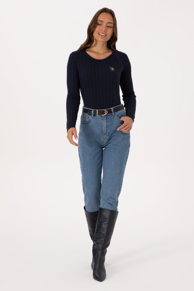 Pulover Dama Pe Bleumarin Cu Guler Rotund Si Textura 