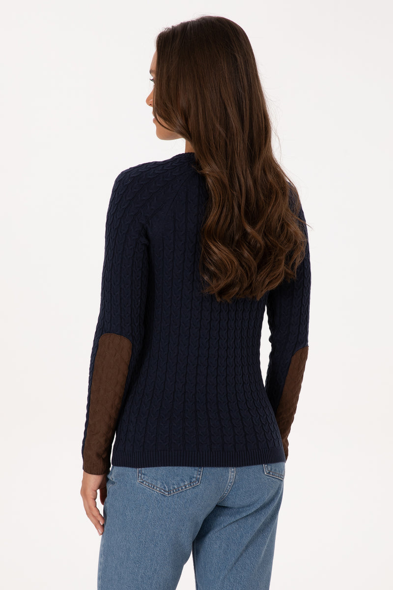 Pulover Dama Pe Bleumarin Cu Guler Rotund Si Textura 