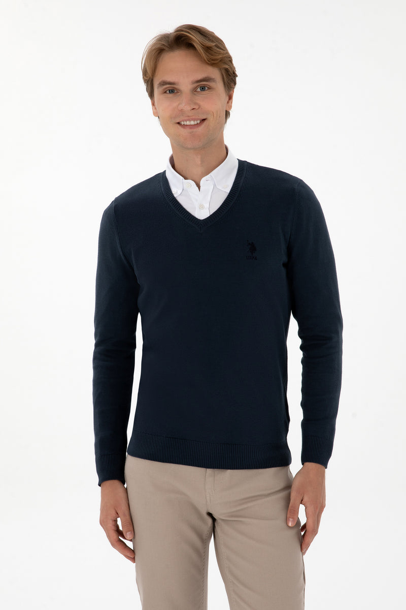 Pulover Barbat Pe Indigo Cu Guler In V Si Logo Brodat