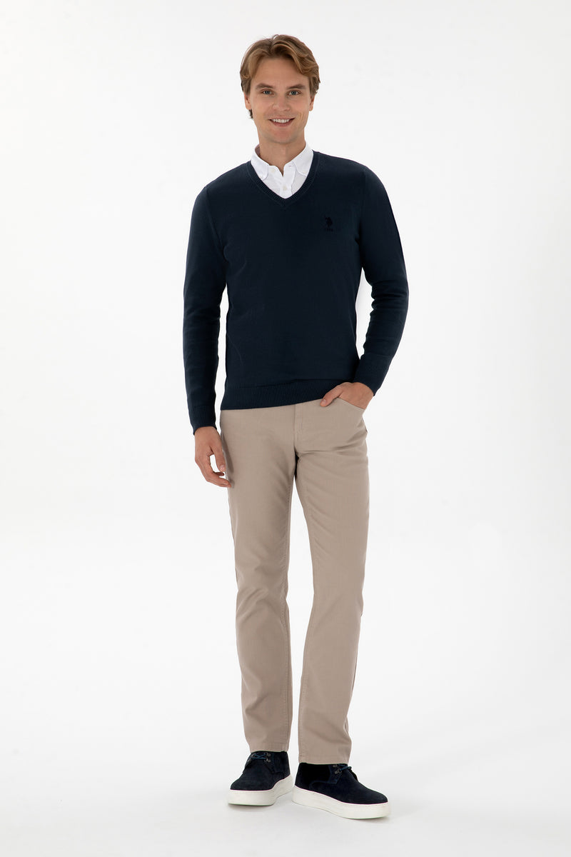 Pulover Barbat Pe Indigo Cu Guler In V Si Logo Brodat