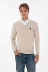 Pulover Barbat Pe Bej Cu Guler In V Si Logo Brodat