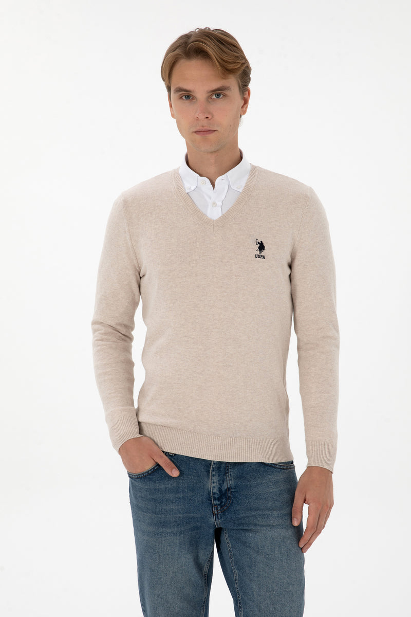 Pulover Barbat Pe Bej Cu Guler In V Si Logo Brodat