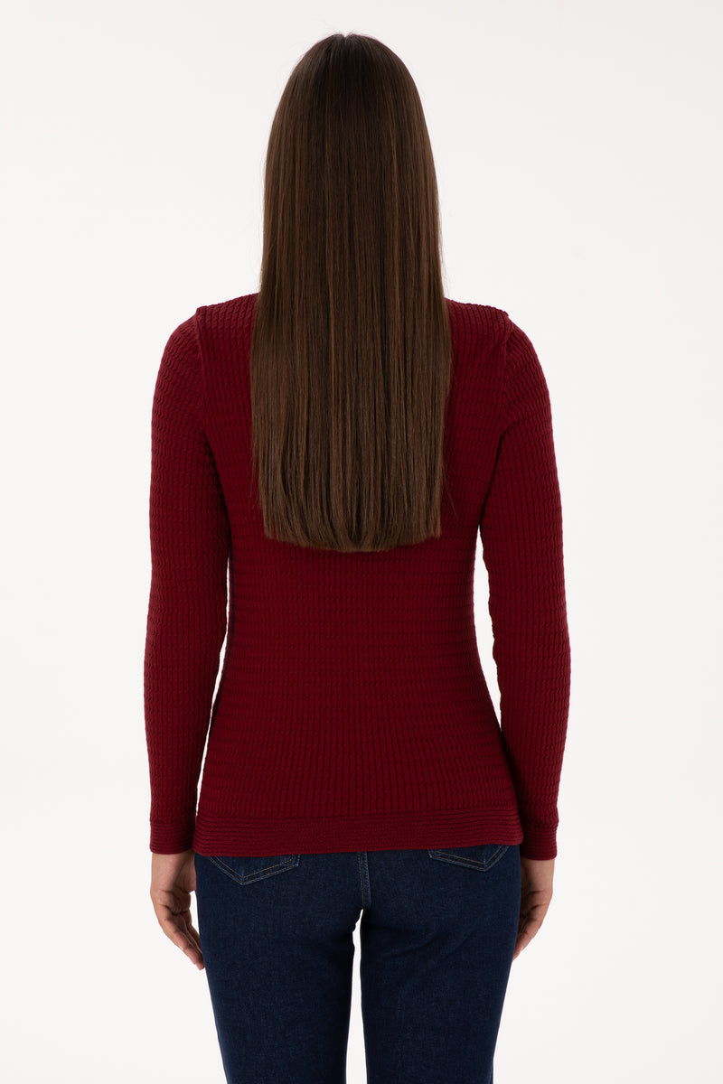 Pulover Dama Pe Bordo Cu Guler Rotund Si Textura Cable