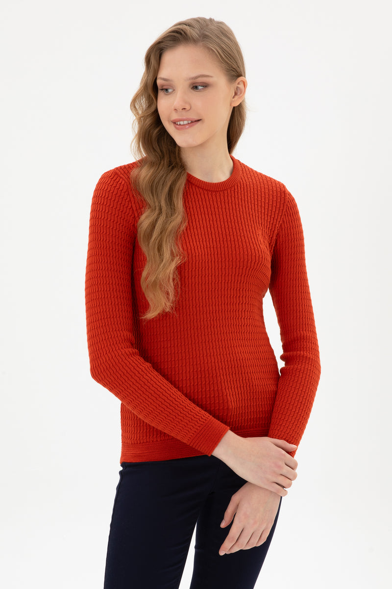 Pulover Dama Pe Portocaliu Cu Guler Rotund 
