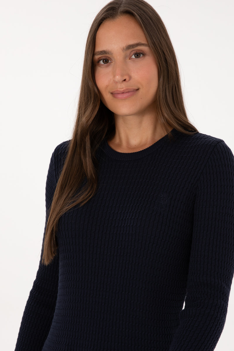 Pulover Dama Pe Bleumarin Cu Guler Rotund Si Textura Cable