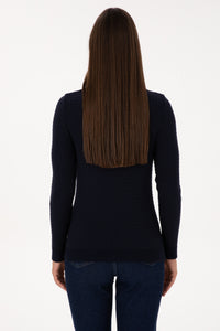 Pulover Dama Pe Bleumarin Cu Guler Rotund Si Textura Cable