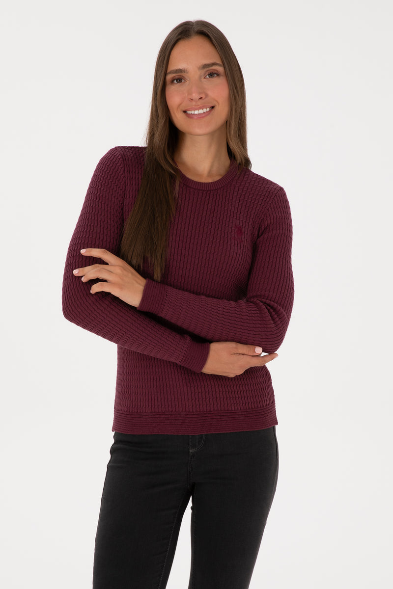 Pulover Dama Pe Bordo Amarant Cu Guler Rotund Si Textura Cable