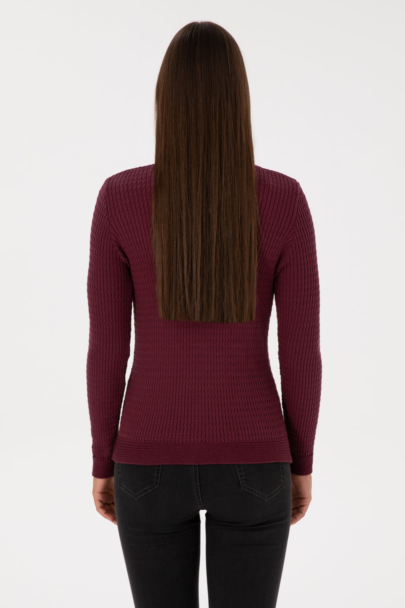 Pulover Dama Pe Bordo Amarant Cu Guler Rotund Si Textura Cable