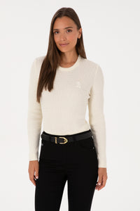 Pulover Dama Pe Bej Cu Guler Rotund Si Textura Cable