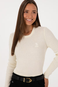 Pulover Dama Pe Bej Cu Guler Rotund Si Textura Cable