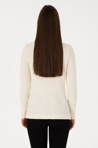 Pulover Dama Pe Bej Cu Guler Rotund Si Textura Cable