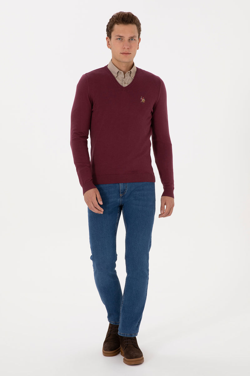 Pulover Barbat Pe Bordo Cu Guler In V Si Logo Brodat