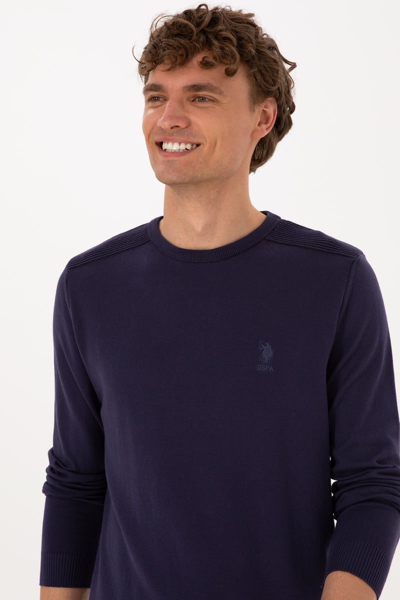 Pulover Barbat Pe Indigo Cu Guler Rotund