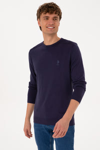 Pulover Barbat Pe Indigo Cu Guler Rotund