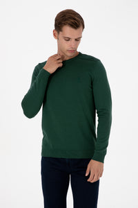 Pulover Barbat Pe Verde Cu Guler Rotund Si Textura pe Umeri