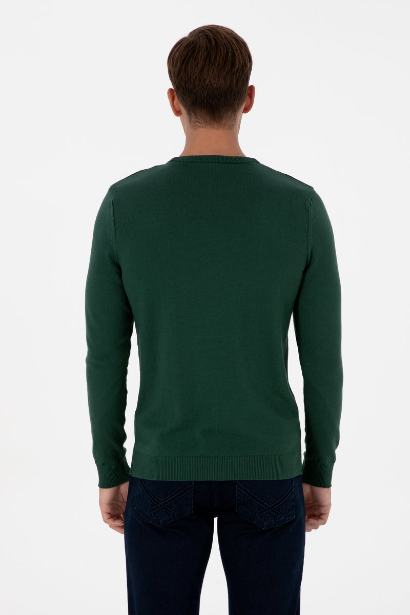 Pulover Barbat Pe Verde Cu Guler Rotund Si Textura pe Umeri