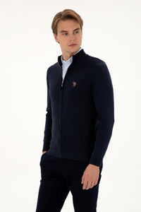 Pulover Tip Cardigan Barbat Pe BleumarinCu Fermoar Complet